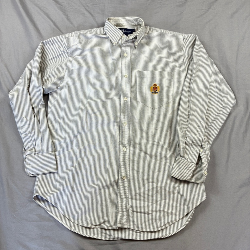 Ralph Lauren Button Down Shirt Womens 10 Blue University Stripe Crest Logo